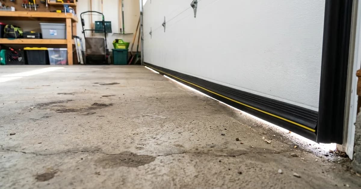 Interior view of garage door bottom seal and light gap in Oakville, Ontario