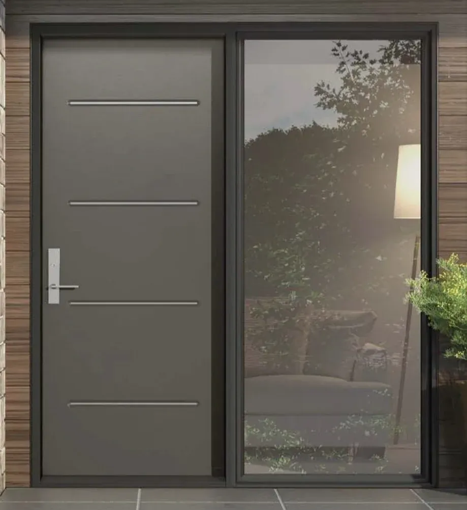 Contemporary charcoal entry door with stainless accents and full sidelight in Oakville